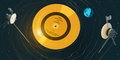 Illustration of a golden record that with orbiting satellites and Earth.