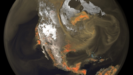 Computer generated image of earth with large gray cloud covering atmosphere.