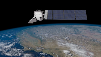 Artist rendering of white satellite dish floating in black space above blue earth