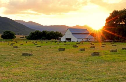 Sun setting behind barn