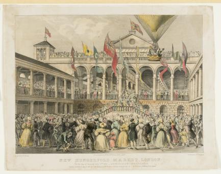 Print showing crowd watching balloon ascent