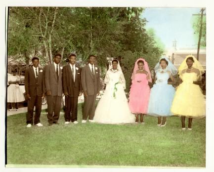 Hand tinted photo of wedding party