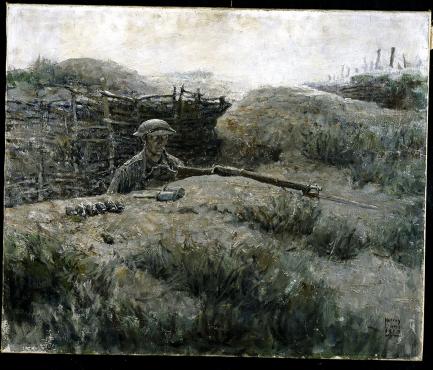 Painting of sentry in foxhole
