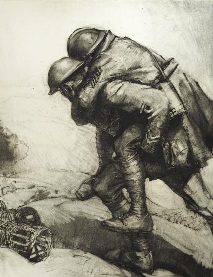 Charcoal drawing of one soldier carrying another
