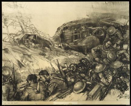 sketch of soldiers scrambling in trench