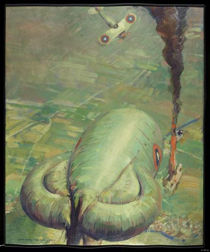 painting of downed plane narrowly missing a blimp