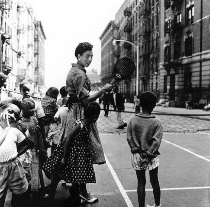 Gibson with children on city street