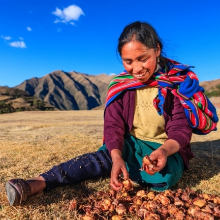 Woman sits in field with mountain in background