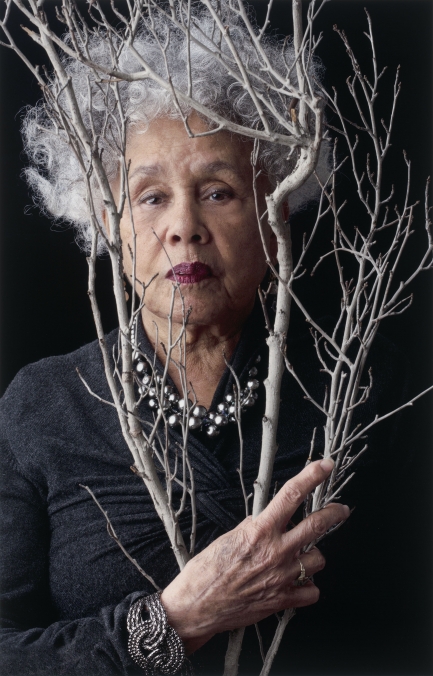 Photographic Portrait of Black woman with gray hair holding a bundle of white twigs 