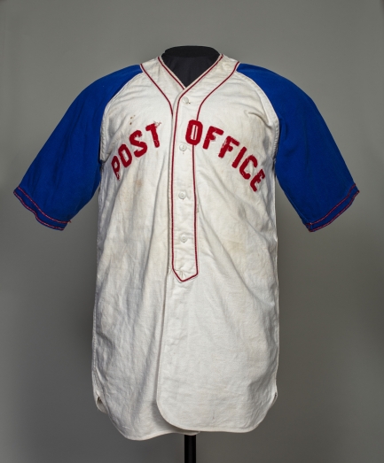 Baseball jersey with "Post Office" embroidered on front