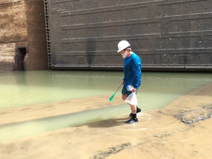 Scientist looking for fish in almost empty lock