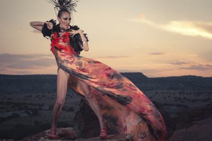 Woman in flowing gown posed against dramatic sky