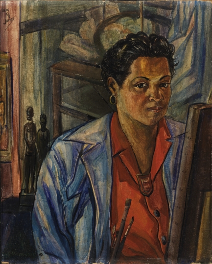 Painting of woman with black, short, curly hair in a red top and blue jacket sitting in front of an easel with paintbrushes near