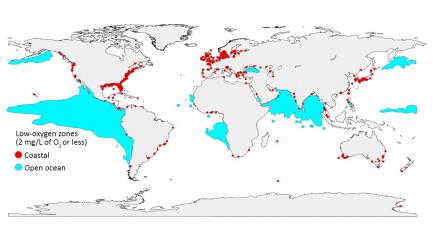 Map showing distribution of low oxygen zones