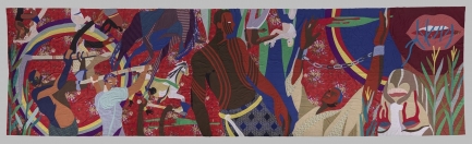Multi-colored textile with various figures and items handsewn in abstract scene.