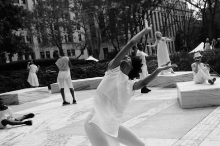 Black and white photo of dancers in performance