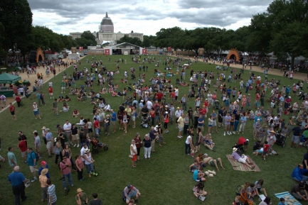 Overhead image of people lounging on long stretch of grass in front of Capitol building.