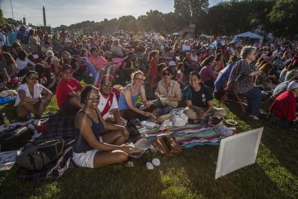Crowd of people picnicking on the malll