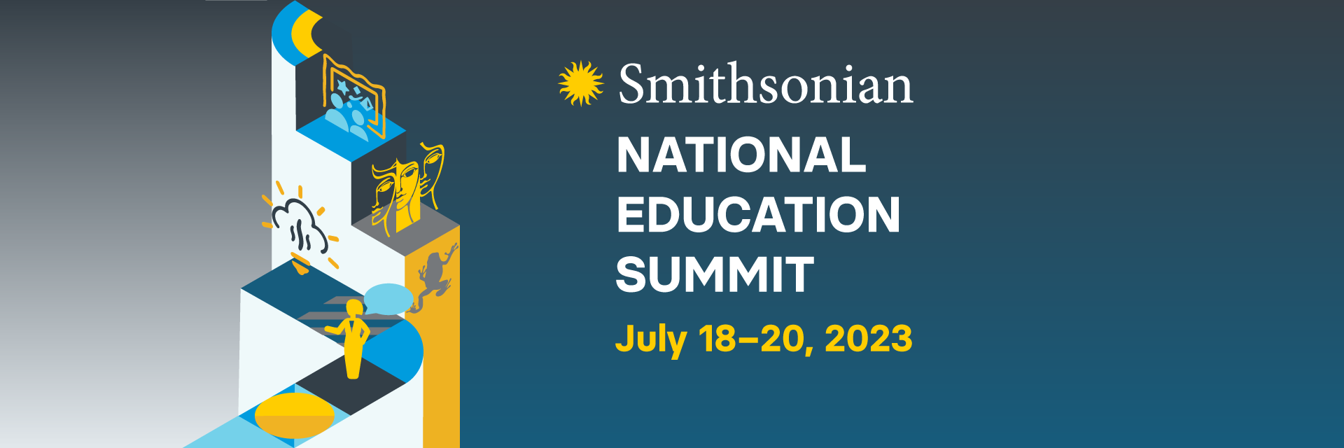 Graphic: Isometric squares and museum icons in the background. Text: Smithsonian National Education Summit