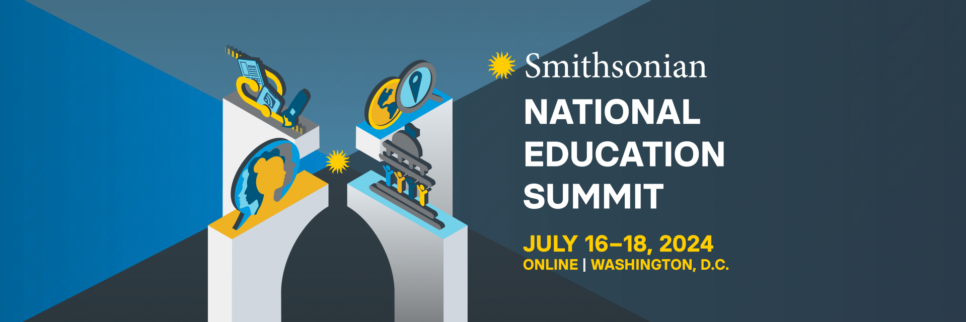 Graphic: 4 isometric pillars with graphic icons above. Text: Smithsonian National Education Summit.