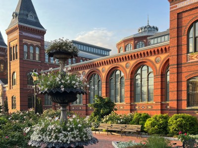 Image of the Rose Garden with the AIB Building behind the fountain